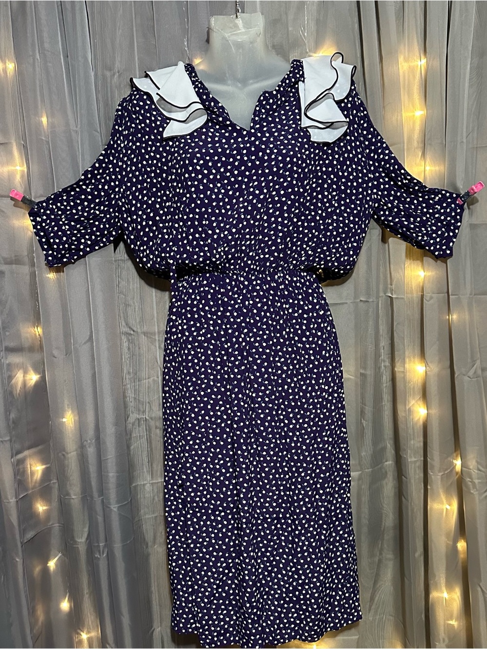 Cockney Rebel retro purple floral midi dress ruffle neckline Sz 10